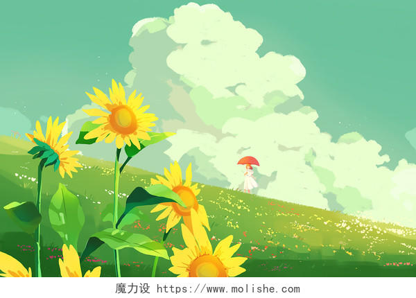 夏天天空女孩草地鲜花与向日葵插画卡通夏天背景插画